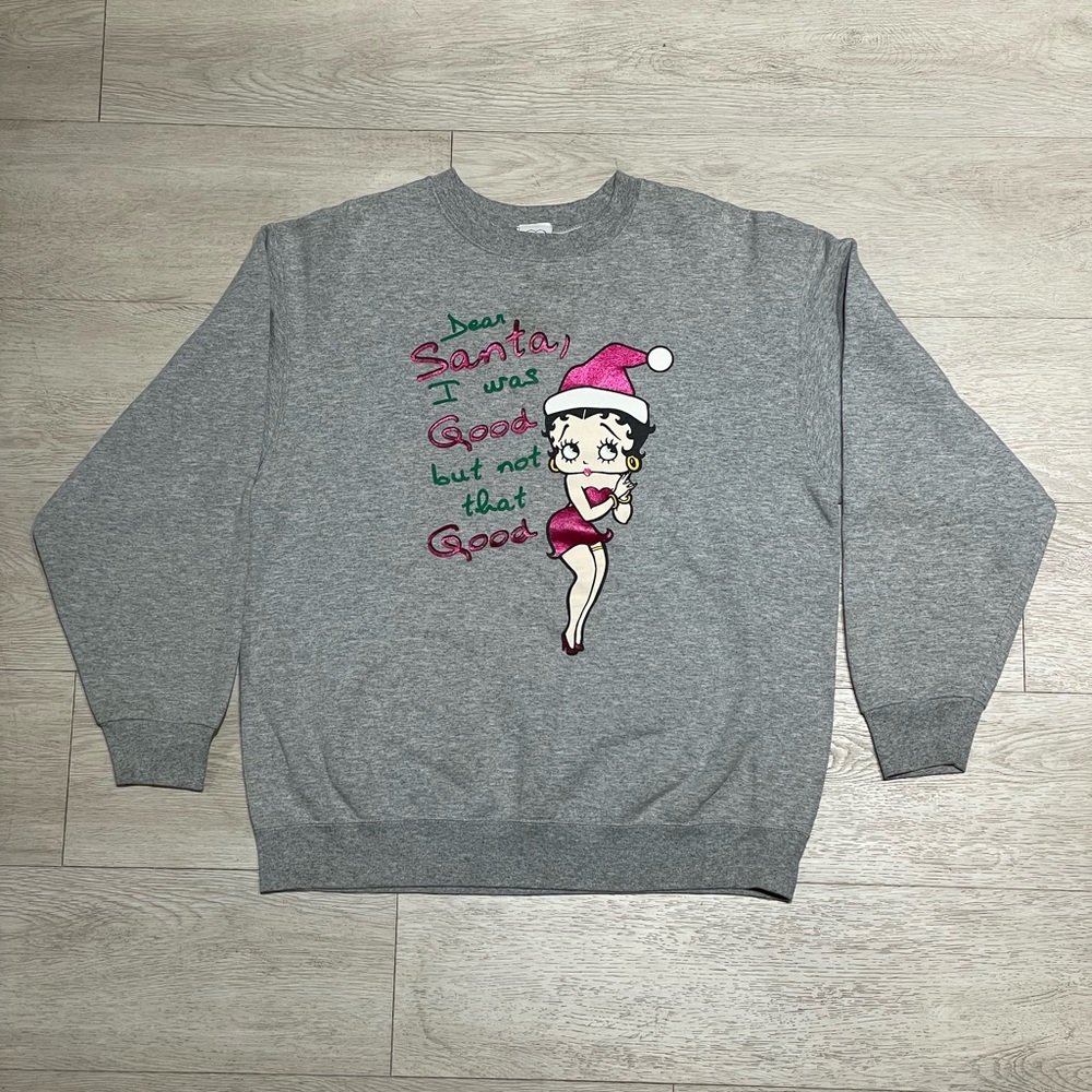 Vintage Betty Boop Crewneck Sweatshirt Gray Christmas Santa Cartoon 2004 Mens L